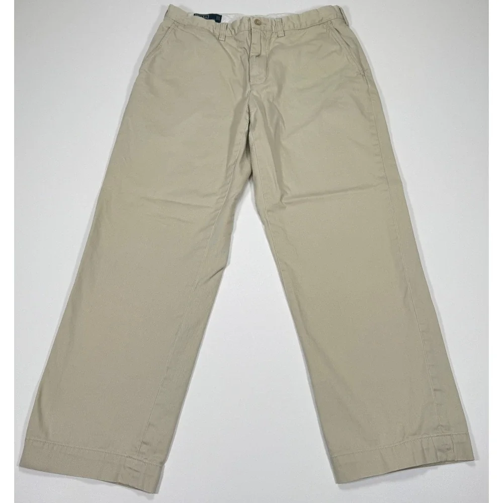 VTG Polo Ralph Lauren Mens Preston Chinos Pants 34x30 Khaki Flat Front Cotton